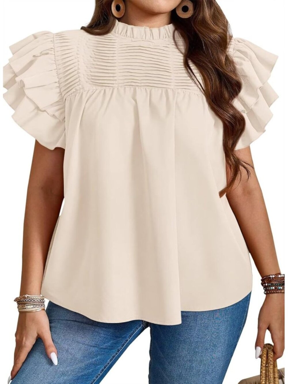 〽️Women Apricot Mock Neck Pleated Tunic Loose Fit Ruffle Sleeve Summer Tops